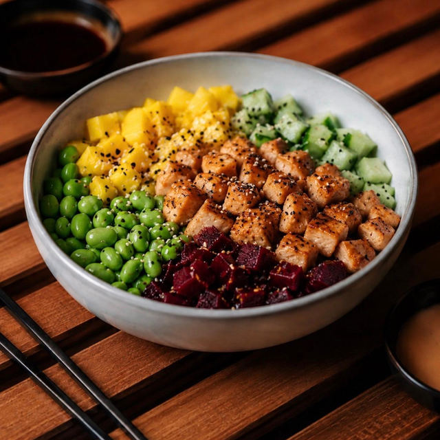 Hähnchen Bowl mit Hähnchenbruststreifen, Reis und Mango